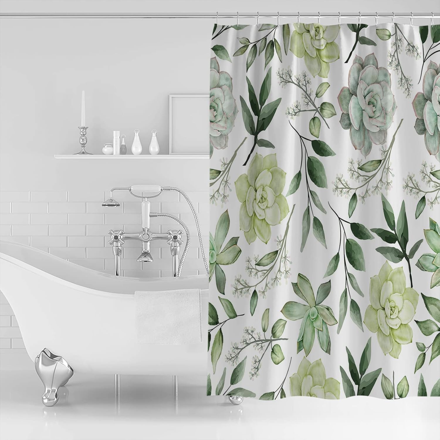 Custom Bed USA Succulent Shower Curtains 72x78inch, Bath Curtain Waterproof Polyester Fabric Decorative Bathroom Accessories Shower Curtain Set with Hooks, Summer Green Plant Leaves Succulents