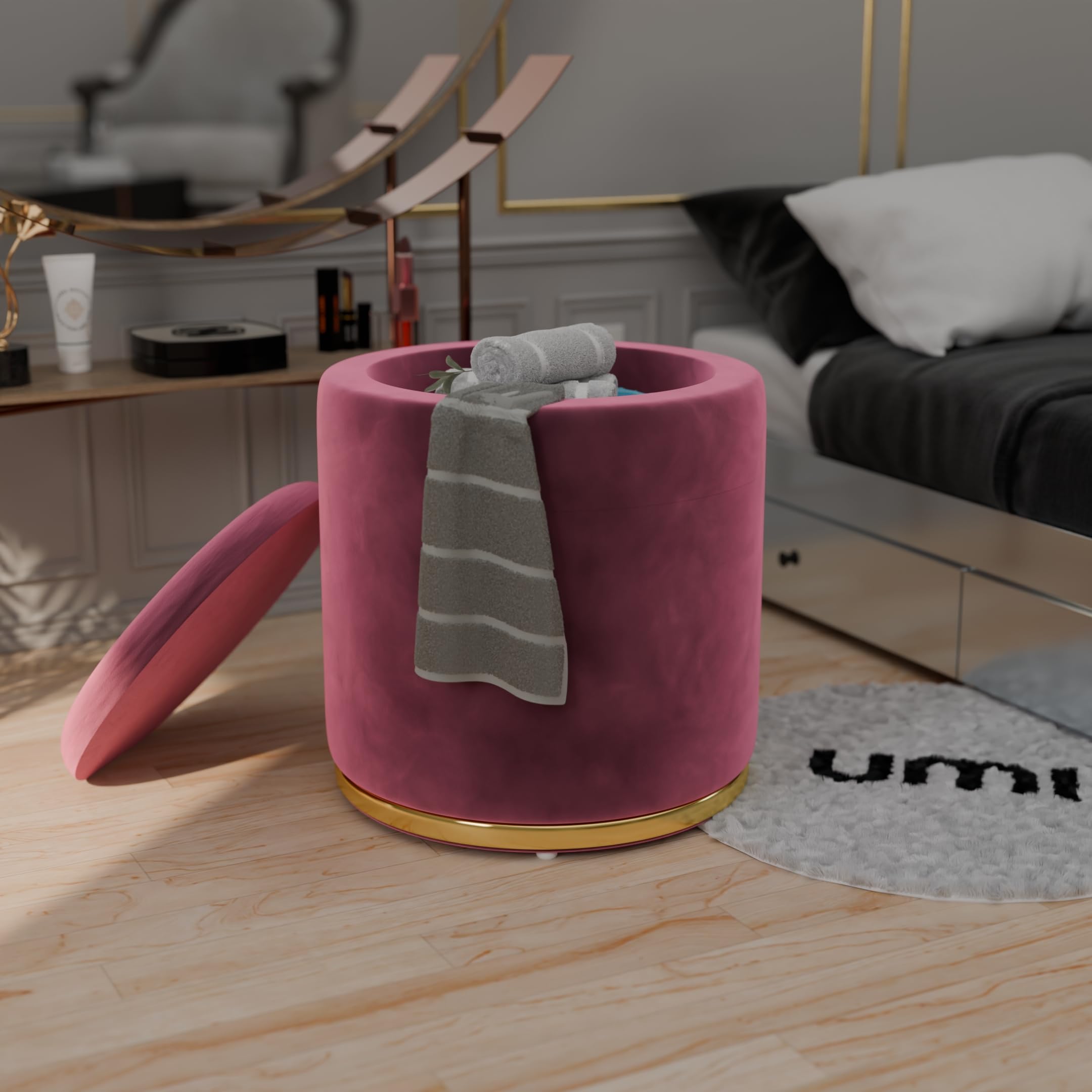 Amazon Brand - Umi Velvet Round Single Strip Ottoman Office Stool Foot Rest Stool Linen Fabric Padded Seat Pouf Ottoman with Round Shape for Living Room (Pink)-image-48
