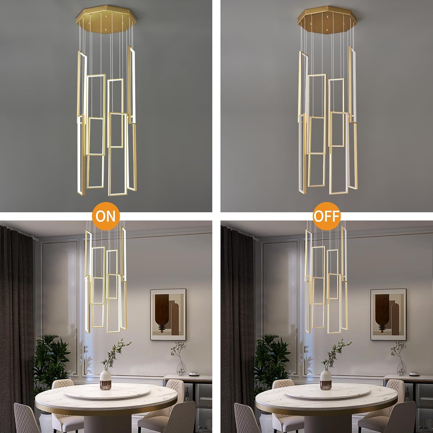 Modern Kitchen Island Dimmable Pendant Light Fixture Gold 144W LED Pendant Lights 8 Rings Rectangular Chandelier Staircase Large Chandelier Lobby Living Room Foyer High Ceiling Chandeliers