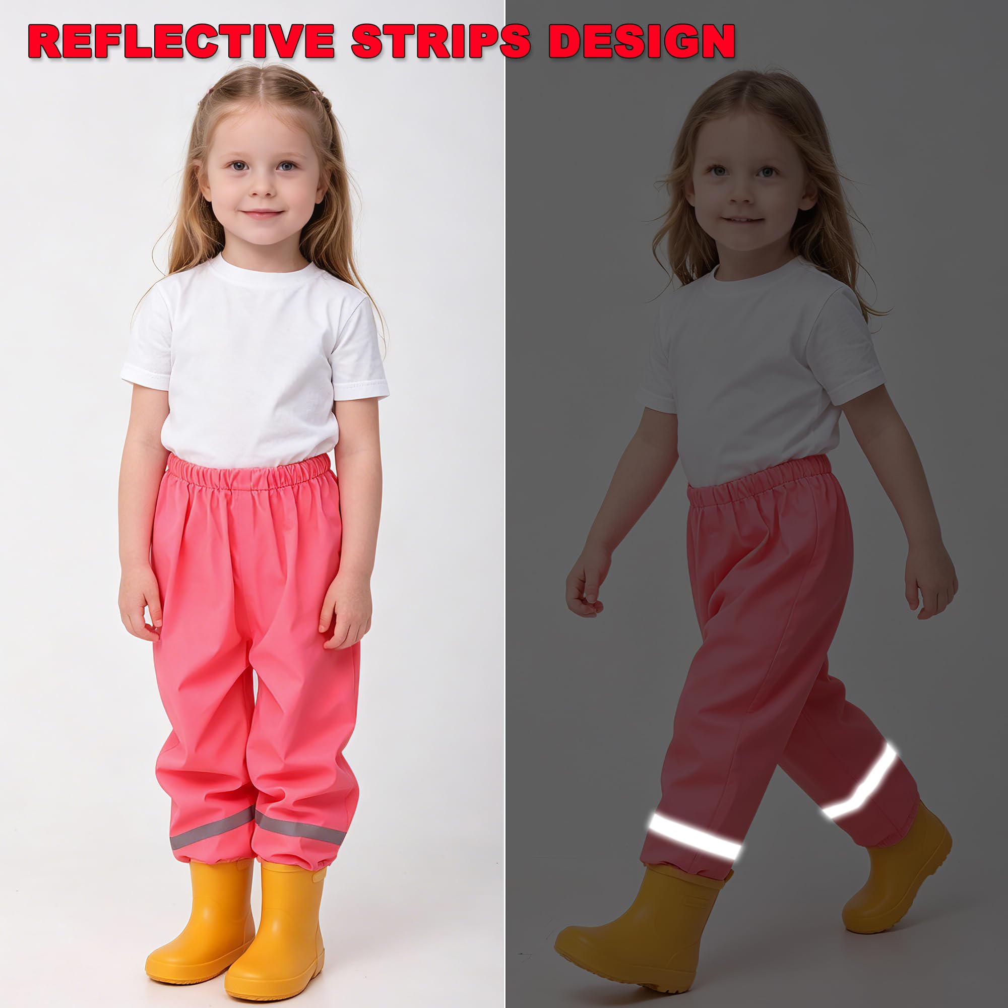Fewlby Enfant Pantalon Imperméable Pantalon de Pluie, Filles Garçons Combinaison de Pluie avec Bandes Réfléchissantes Réutilisable Vêtements de Pluie