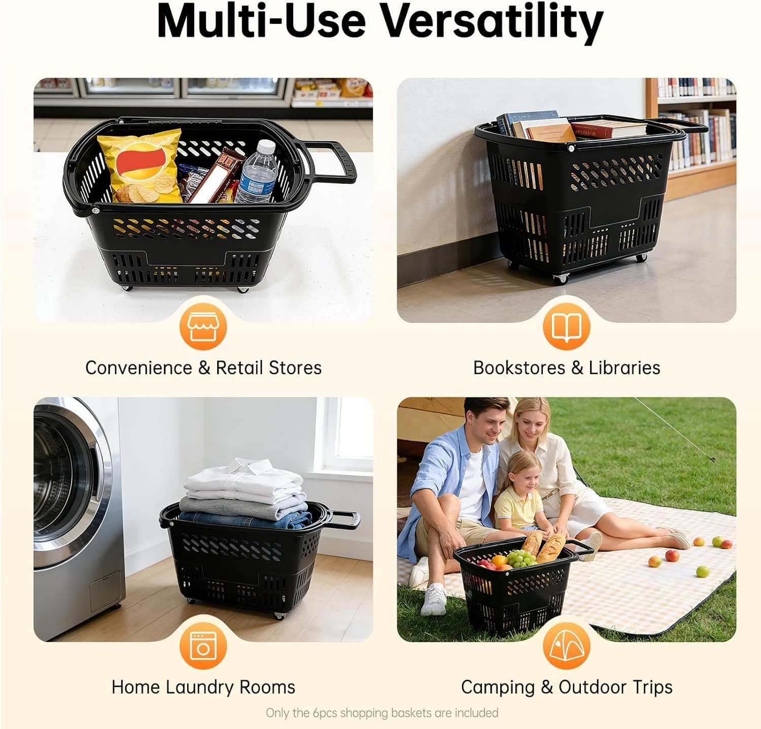 6pcs Rolling Trolley Basket Set - 35l Portable Shopping Cart with 4 Wheels & Handle for Supermarket, Retail, Bookstore - Convenient, Durable, Easy to Maneuver