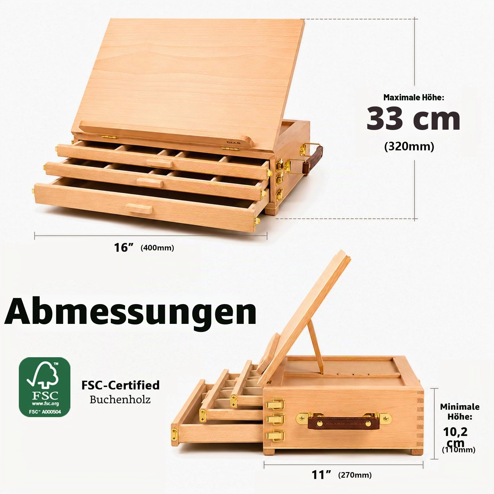 DJAR Tischstaffelei Holz mit 3 Schublade, Tisch-Skizzenbox aus Buchenholz, tragbare Künstler-Staffelei Tisch mit Aufbewahrungsbox für Erwachsene, Studenten, Teenager | Stabile Schreibtisch-Skizzenbox aus Buchenholz, für Erwachsene, Künstler und Studenten