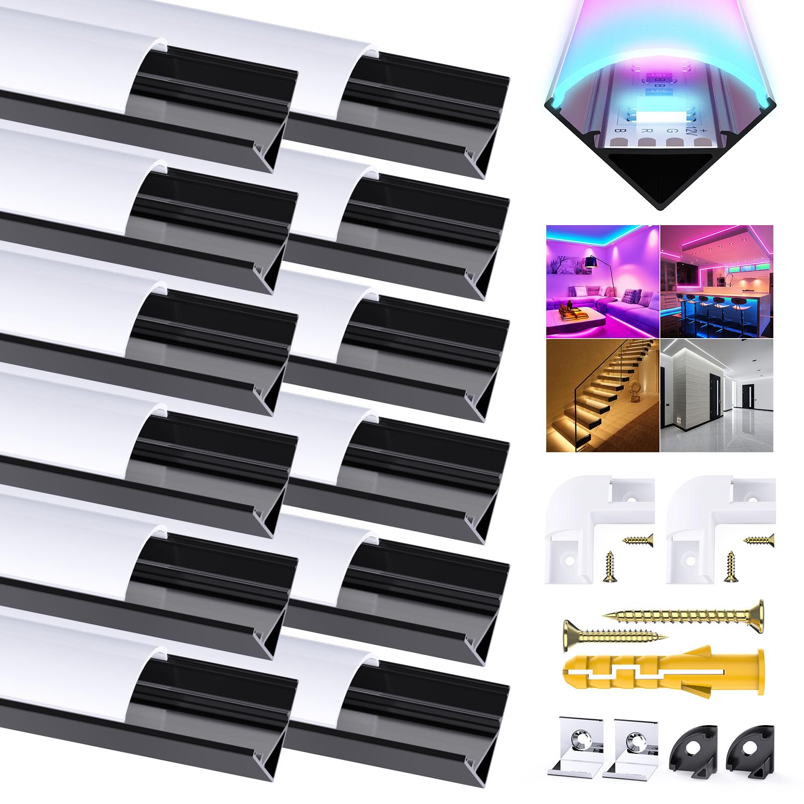 Profilo a LED nero a forma di V, confezione da 12 profili angolari in alluminio per canale nero con copertura bianca lattea, tappi terminali, clip di montaggio e connettori angolari a 45 gradi per