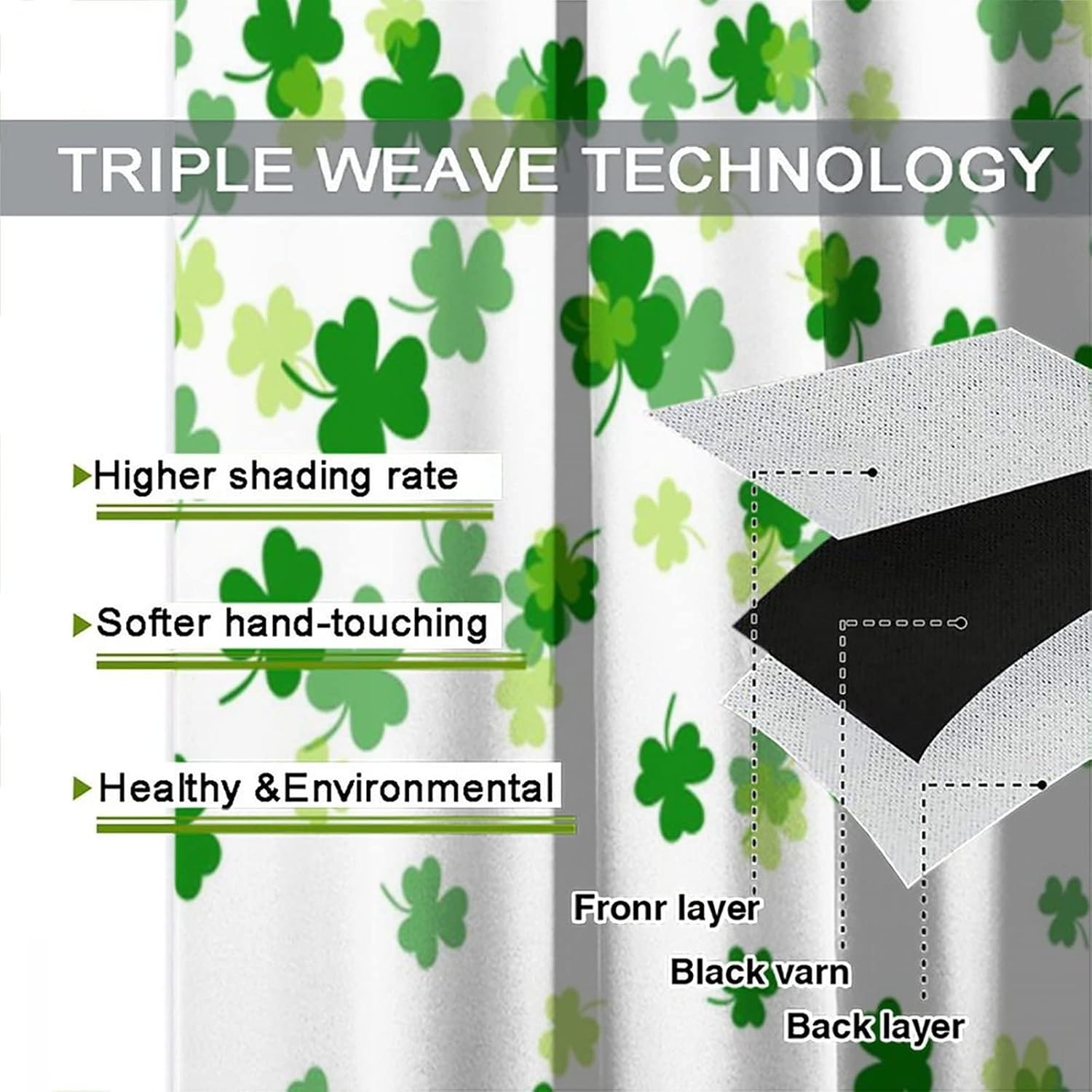 Green Clover Shamrock Leaf Kitchen Curtains,St. Patrick's Day Theme Fabric Window Door Curtains 2 Panel Set for Living Room Bedroom Bathroom Home Decor W42xL54in