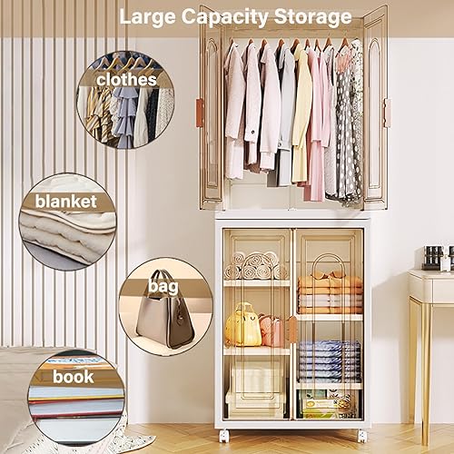 Miniatura 3 de haiorjun Armario plegable portátil, organizador de ropa para niños, armario de almacenamiento de plástico para ropa, armario pequeño con ruedas,