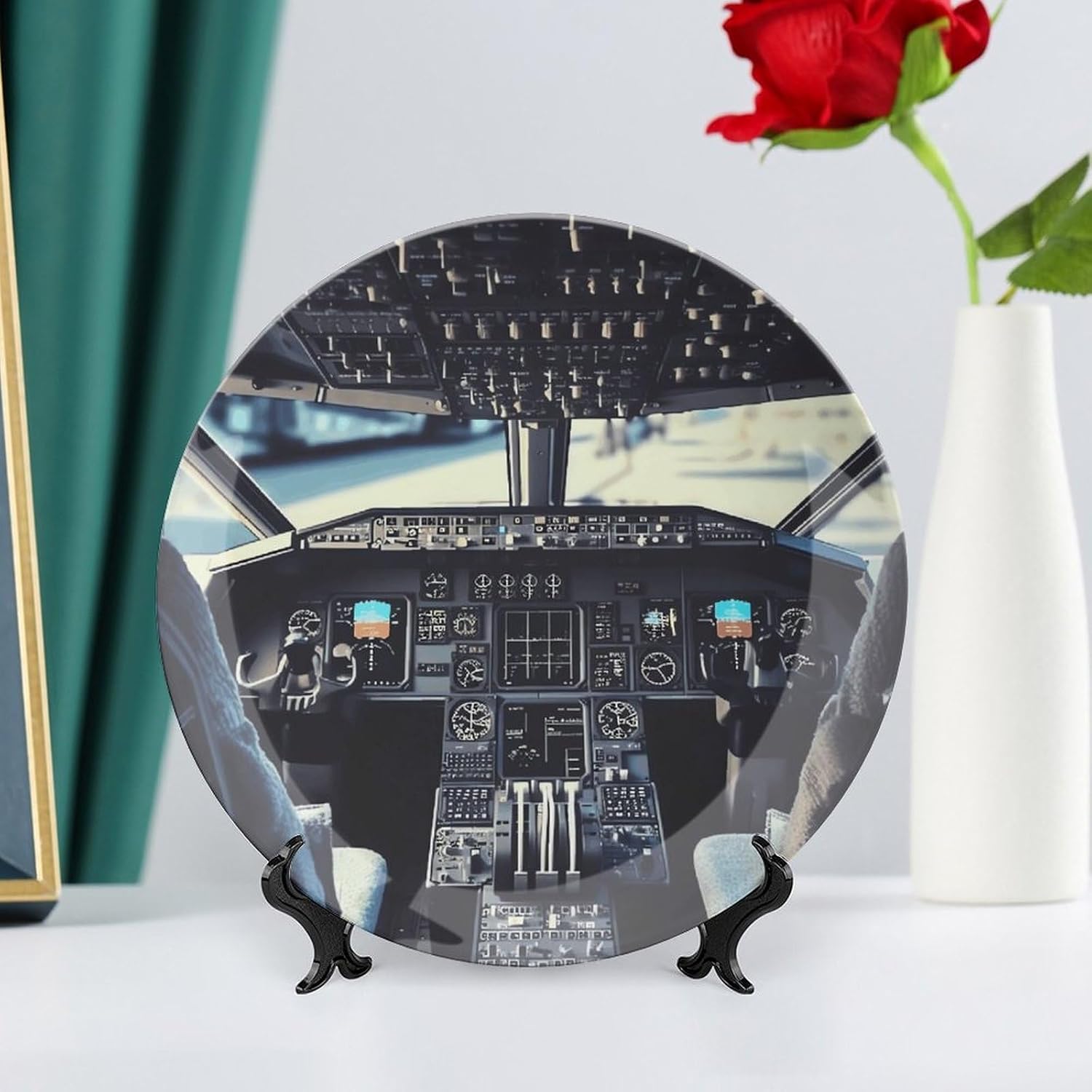 Airplane Cockpit Ceramic Decorative Plate for Home, Bone China Plates | Chinese Style Decorative Dish with Stand, Dinner Plates Art Crafts for Wall Decor, Collections Plate with Hook 10inch