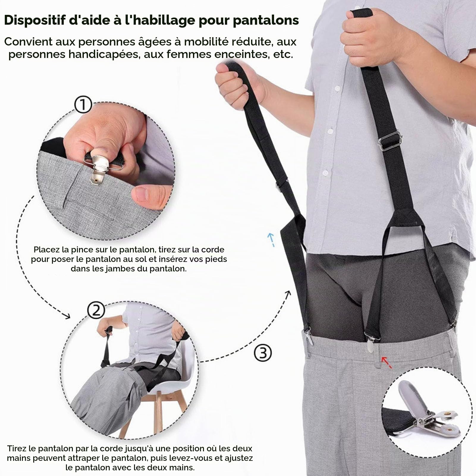2 pièces aide à l'habillage à pince en métal, aides à l'habillage réglables pour remonter les pantalons pour handicapés, personnes âgées, personnes âgées, femmes enceintes et