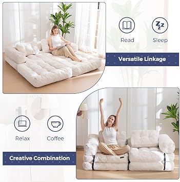 MAXYOYO Foldable Sofa Bed,Bean Bag Couch Convertible Sleeper Chair with Armrest L-Shaped Floor Lounge Sofa with Pillow Portable Lounge Seat for Bedroom & Living Room