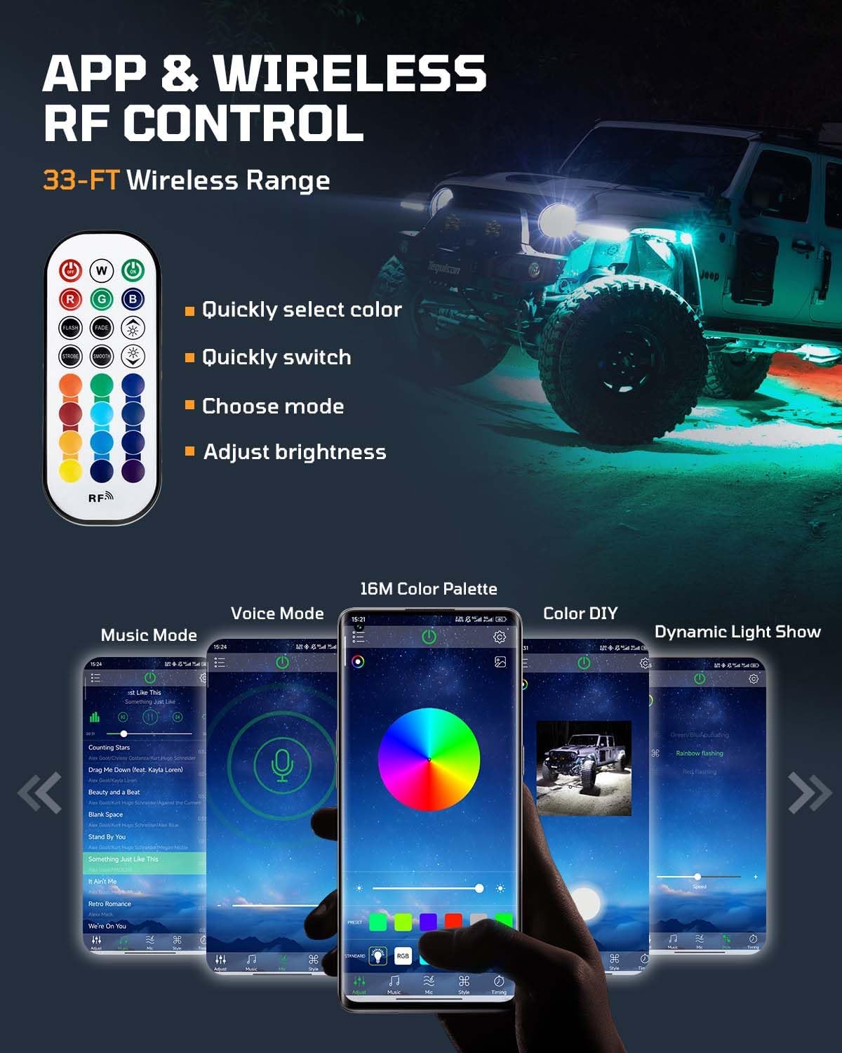RGB Rock Lights for Trucks Jeep, 8 Pods with APP & RF Control, Pure White & 16M Colors, 20+ Dynamic Modes, Music & Voice Sync, IP67 Waterproof, Includes 4x6.7ft Extension Wires