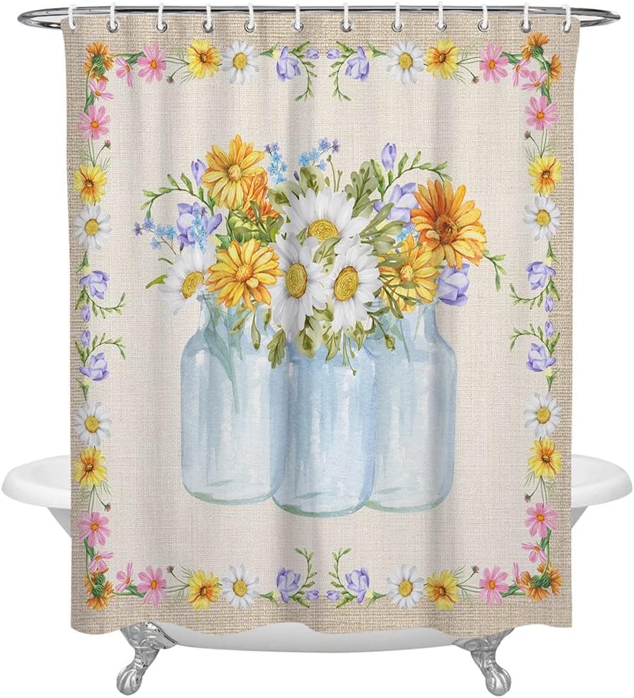 Ladybug Vase Daisy Flower Shower Curtains Waterproof Polyester Bath Curtain Bathroom Decor(152x183cm)