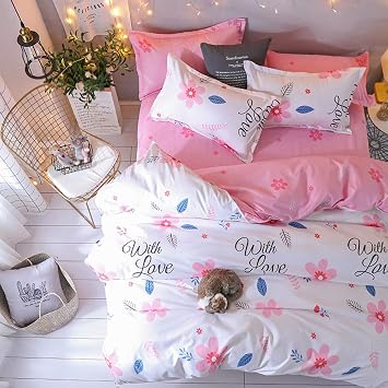 Bedding Set Double Bed, 4 Piece Duvet Cover Set Microfiber Single King Size with Sheets and Pillowcases Polyester Breathable Print Zip Easy Care- Flower, Green Leaf, Summer