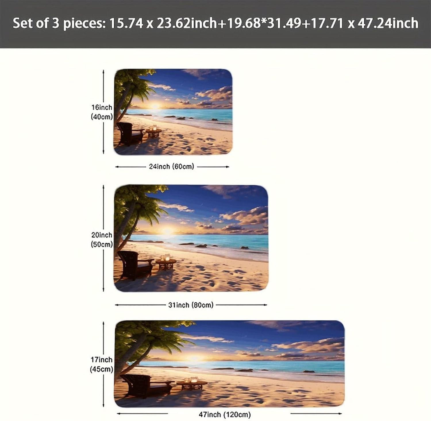 Romantic Beach Kitchen Rugs Sets of 3 Washable Non Slip Kitchen Rug Water Resistant Carpet Piece Anti Fatigue Kitchen Mats Soft Comfort Standing Mat Modern Area Rug