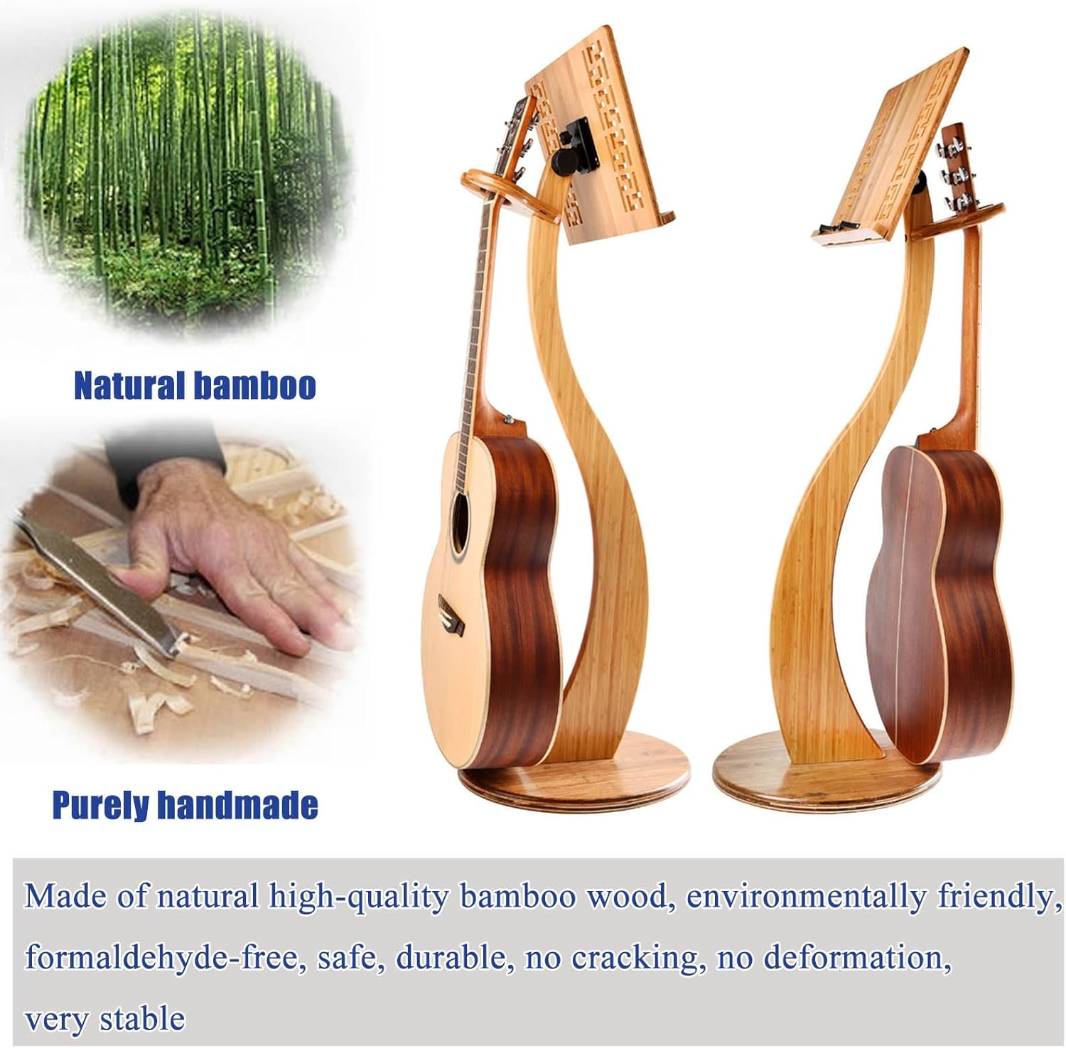 Bamboo Conductor Music Stand, Wooden Music Sheet Stand, Music Book Stand with Violin Hanger, 340° Flip Design, Adjustable Angle, for Guitar, Ukulele, Violin Players