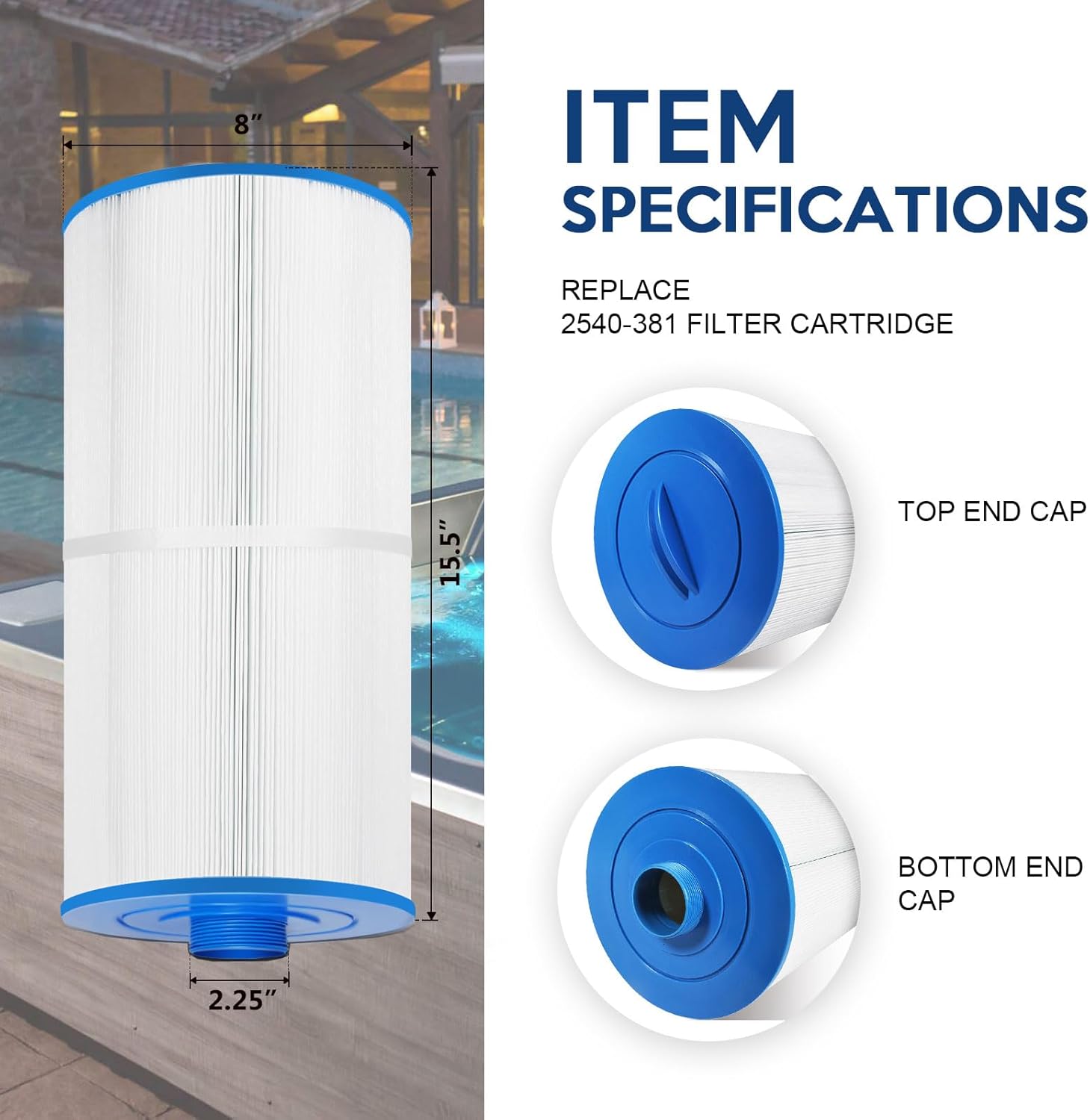 REEPLAR RPF2540 Hot Tub Filter Replace Jacuzzi 2540-381 Compatible with J-200 Series (2007+) J-115 J-125 (2016+), 95 sq ft Pool & Spa Filter Cartridge with Closed Handle
