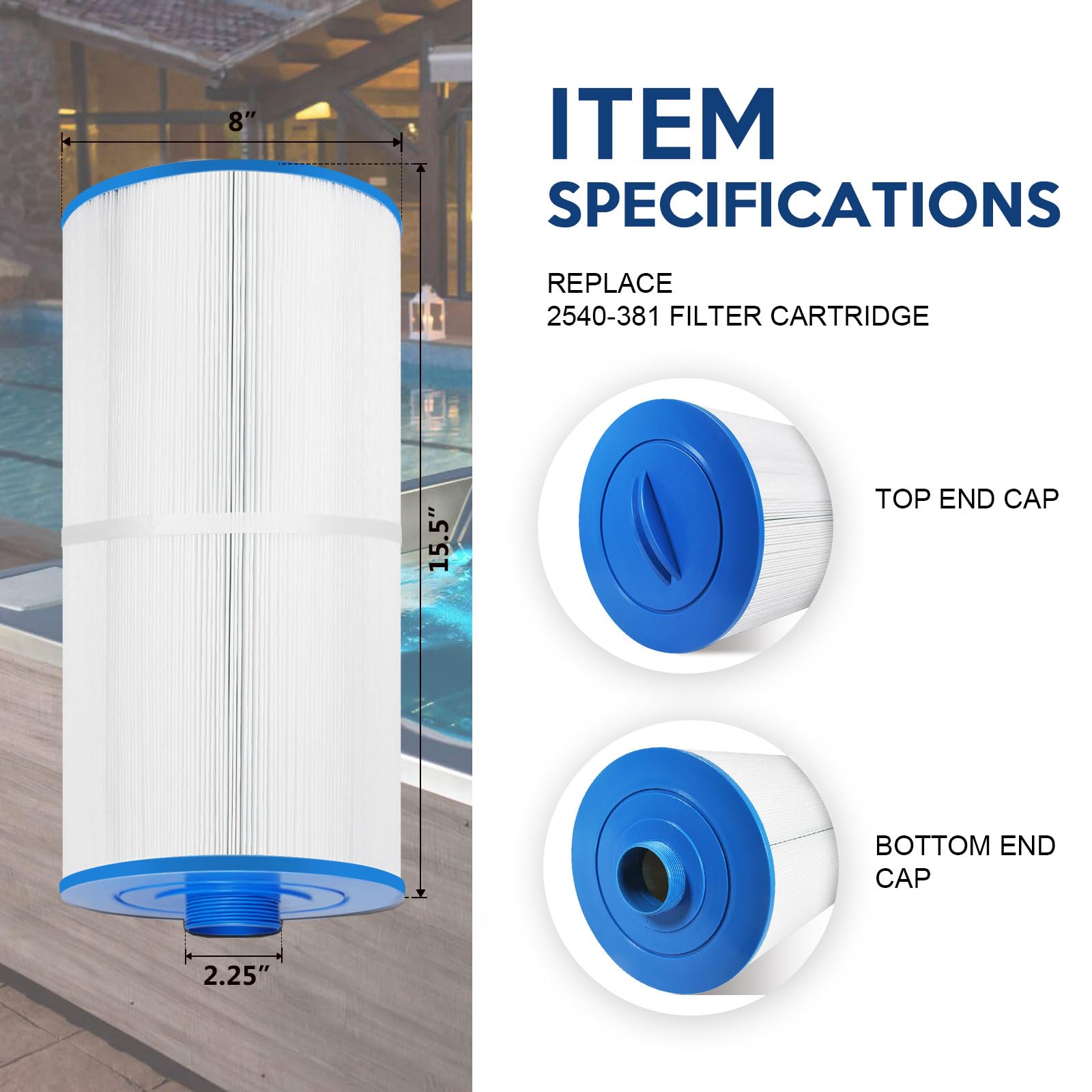 REEPLAR RPF2540 Hot Tub Filter Replace Jacuzzi 2540-381 Compatible with J-200 Series (2007+) J-115 J-125 (2016+), 95 sq ft Pool & Spa Filter Cartridge with Closed Handle