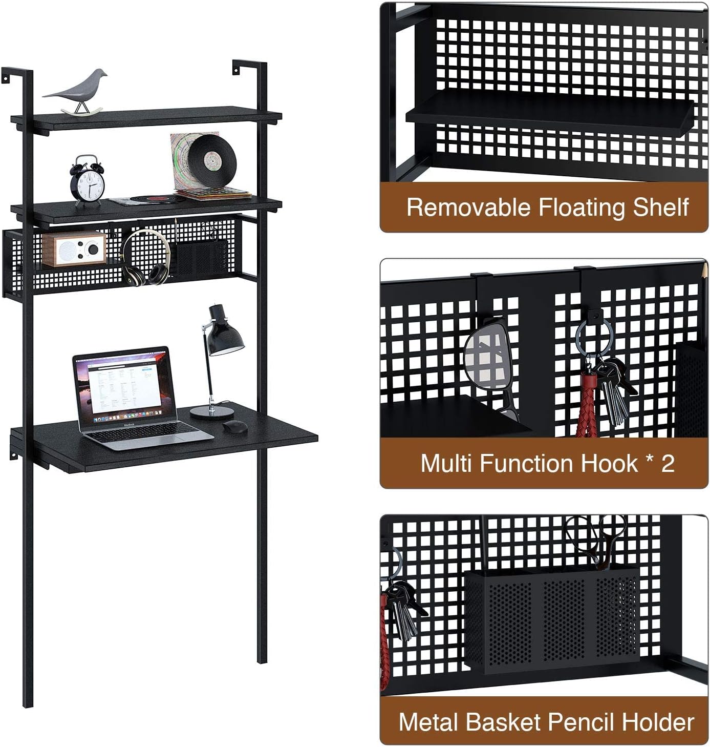 Rolanstar Computer Desk with Shelves, Wall Mounted Desk with Storage Shelf, Industrial Ladder Desk, 3 Tiers Leaning Desk for Small Space, Floating Writing Desk for Home Office, Black