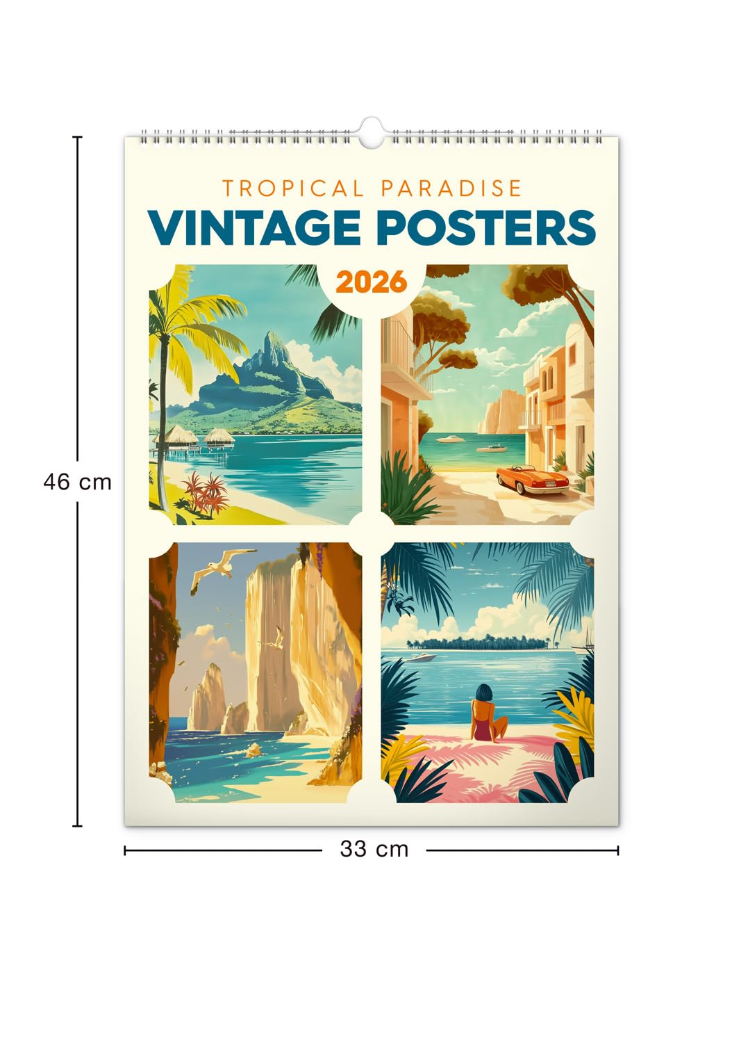 NOTIQUE Wandkalender 2026 Vintage Poster – Tropische Paradiese – Exotische Landschaften & Strandmotive – Bildkalender 33x46 cm