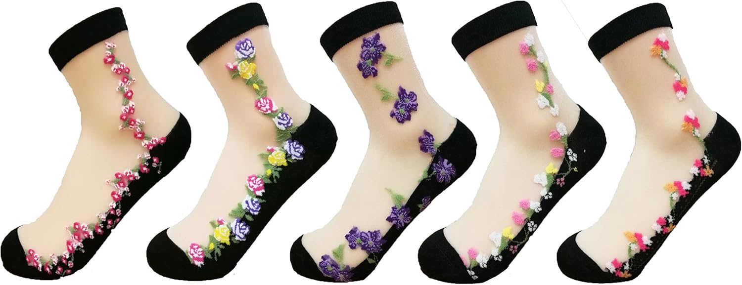 Women Sheer Transparent Lace Embroidery Panel Crystal Sparkly Socks 5 Pack