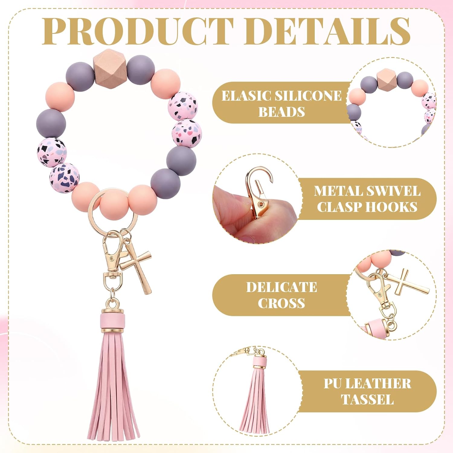Sureio 12 Pack Christian Silicone Beaded Wristlet Keychain with Cross & Tassel Pendant, Faith Keychain Bracelet Bulk for Women Stretchy Cute Bead Wristlet Holder for Keys Easter Baptism Church Gifts