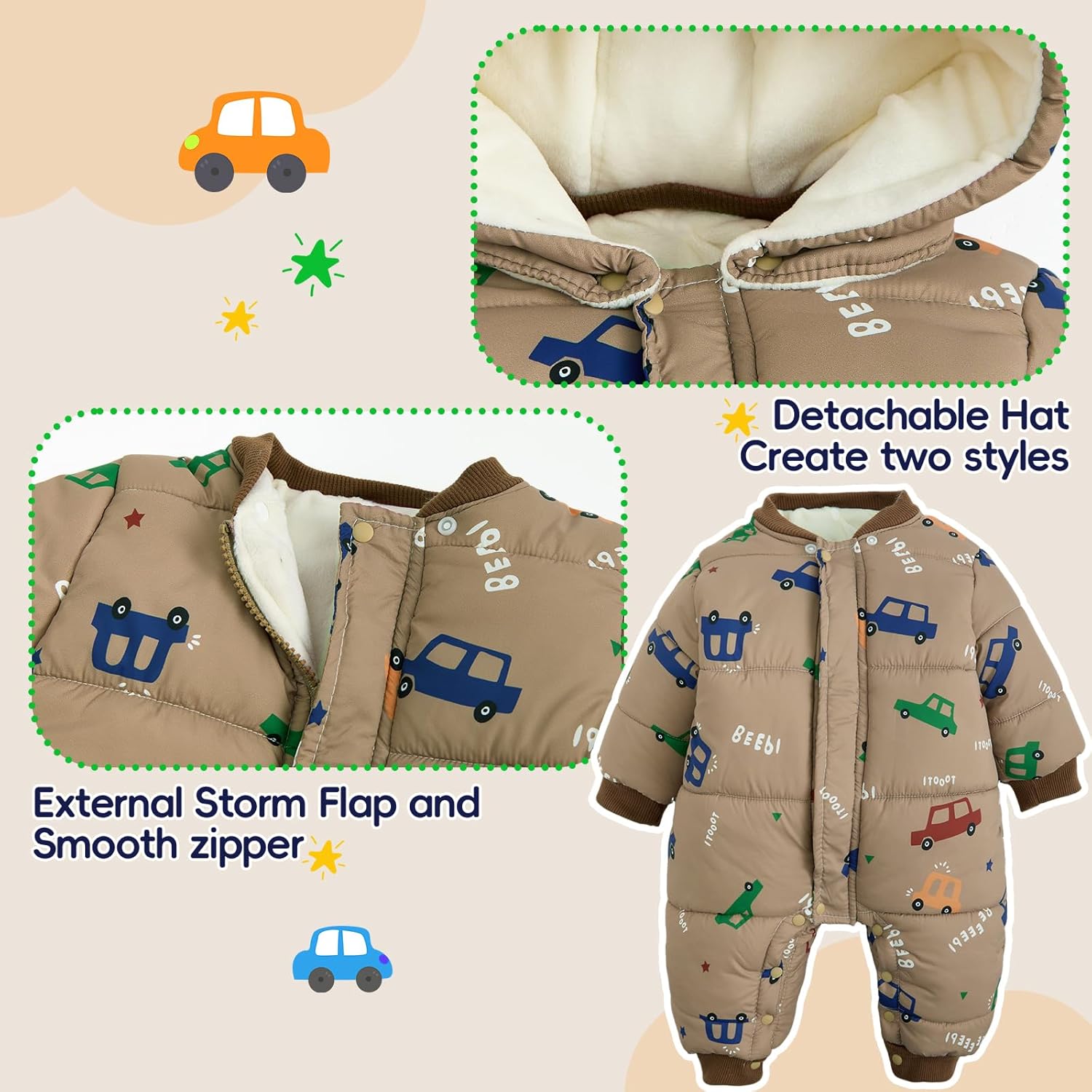 JiAmy Baby Snowsuit Baby Printed Winter Clothes Detachable Hat Warm Outfits Zipper Romper Coat Jumpsuit - Image 5