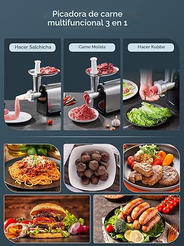 Miniatura 3 de Picadora de carne eléctrica, relleno de salchichas con 3 tubos de salchicha, 2 cuchillas, 3 placas, 3200W máx, picadora de carne de alta resistencia