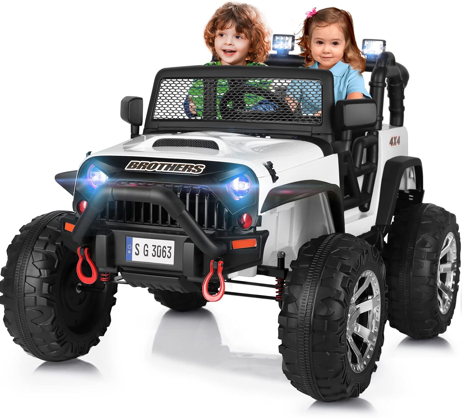 JOYLDIAS 2-Seater Ride On Truck, 12V9A Children's Electric Car with Parental Remote Control, Electronic Power Steering, Oversized Tires, Bluetooth, Music, LED Lights, Spring Suspensions, White