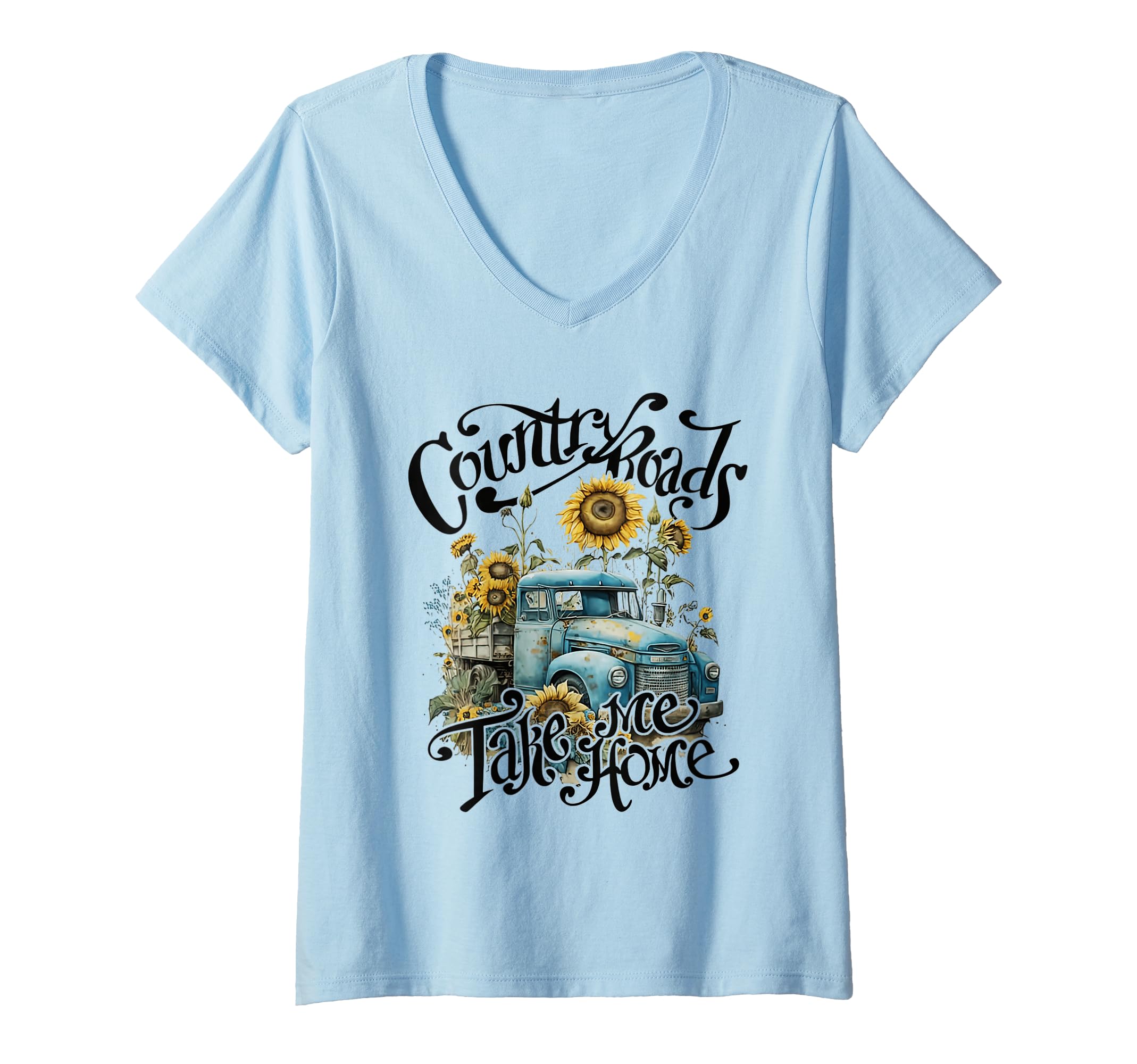 Womens Country Roads Sunflowers Truck Country Take Me Home V-Neck T-Shirt