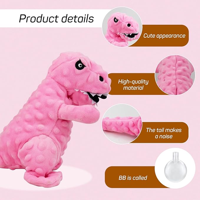 Juguete Mordible y Sonoro para Perros Andiker, Dinosaurio, Rosa miniatura 3