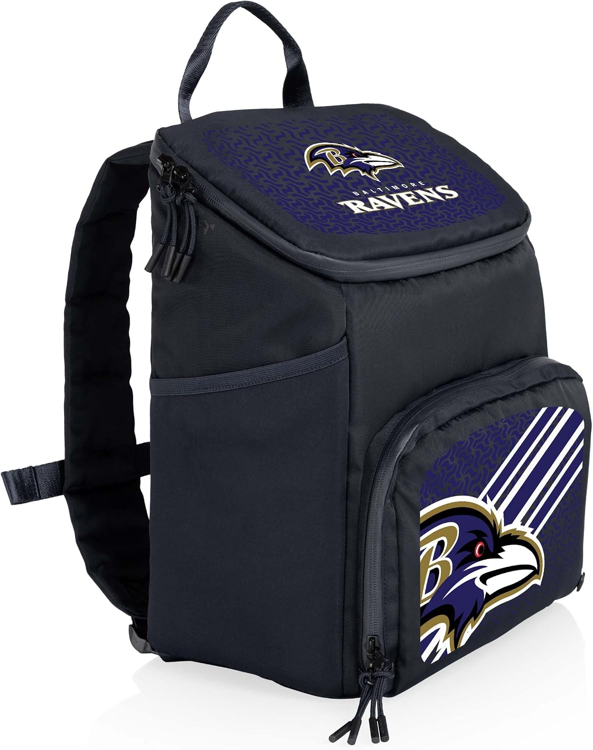 PICNIC TIME NFL Baltimore Ravens PTX 2.0 Tarana Upcycled Backpack Cooler, Modern Spacious Backpack Cooler with 18-Can Capacity, Fully Insulated Outdoor Bag with Water Resistant Interior, (Black)