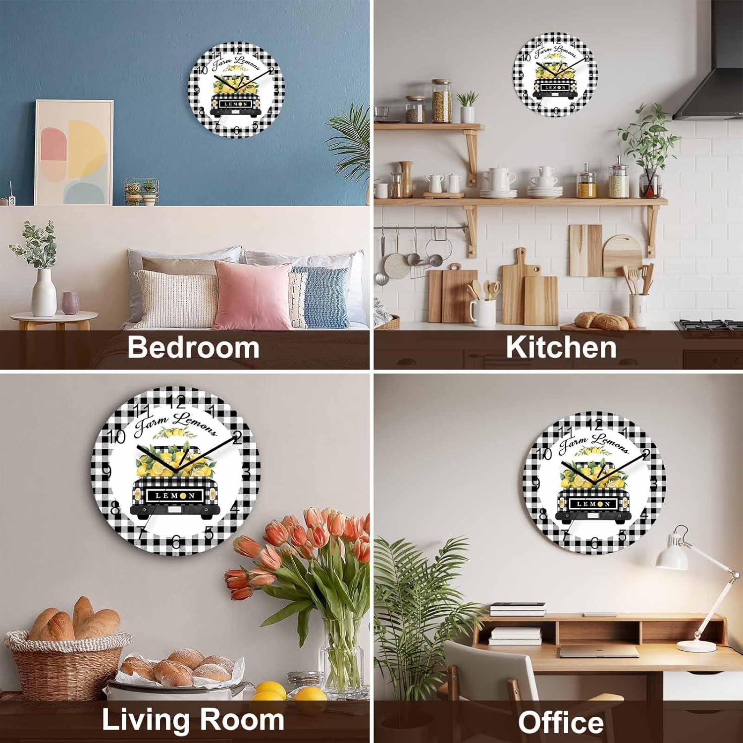 Wooden Round Wall Clock 12'' Silent Battery Operated Non Ticking Clock, Black Grey Buffalo Plaid Farm Truck Carry Lemons Noiseless Office Kitchen Bedroom Wall Clock Home Decor