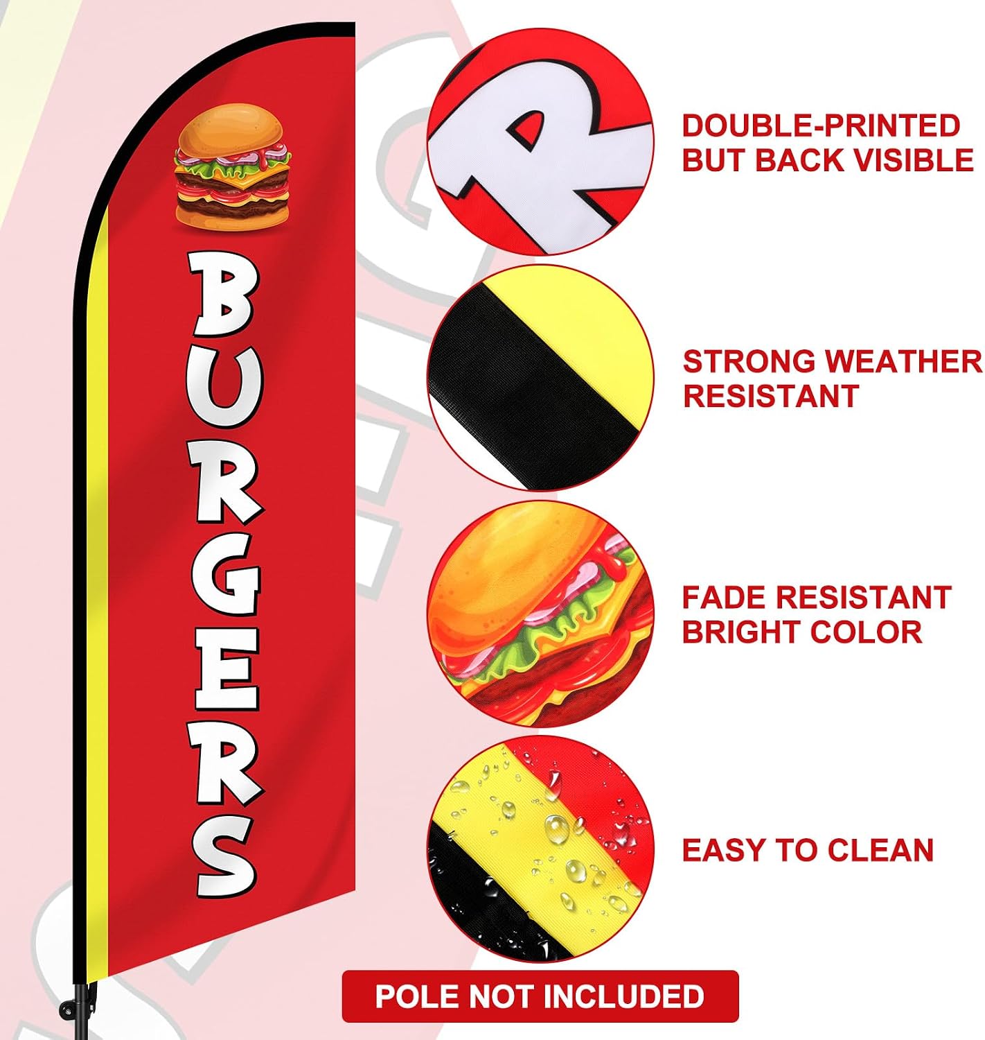 Fanfanwin 2 Set 7ft Burgers Restaurant Feather Flag Banner Advertising Swooper Flag with Pole Kit and Ground Stake for Burger Restaurant Business Outdoor Decor Events Promotion