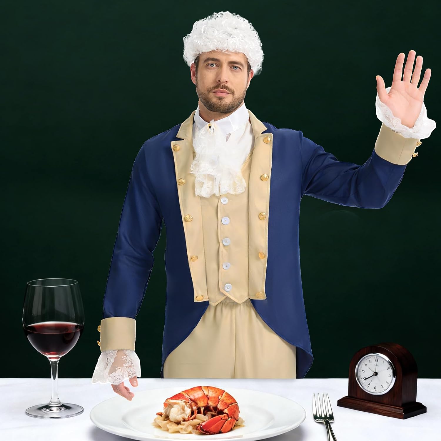 Founding Fathers Costume Colonial Style Judge Wig Lace Jabot and Cuffs Set, Perfect for Halloween, Cosplay, Party (White)