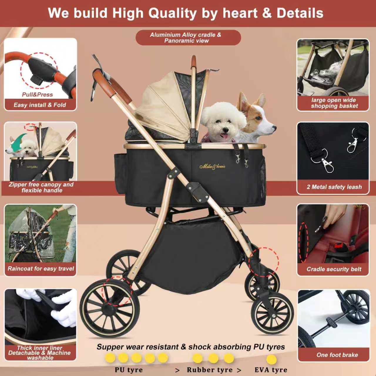 MILA&LOUIS Dog Stroller, 24" Pet Cradle, Large PU Wear-Resistant Wheels, Cat Stroller for Small & Medium 55 lbs, Lightweight Pet Stroller, Detachable Aluminum Cradle, Cup Holder, Hook & Rain Cover