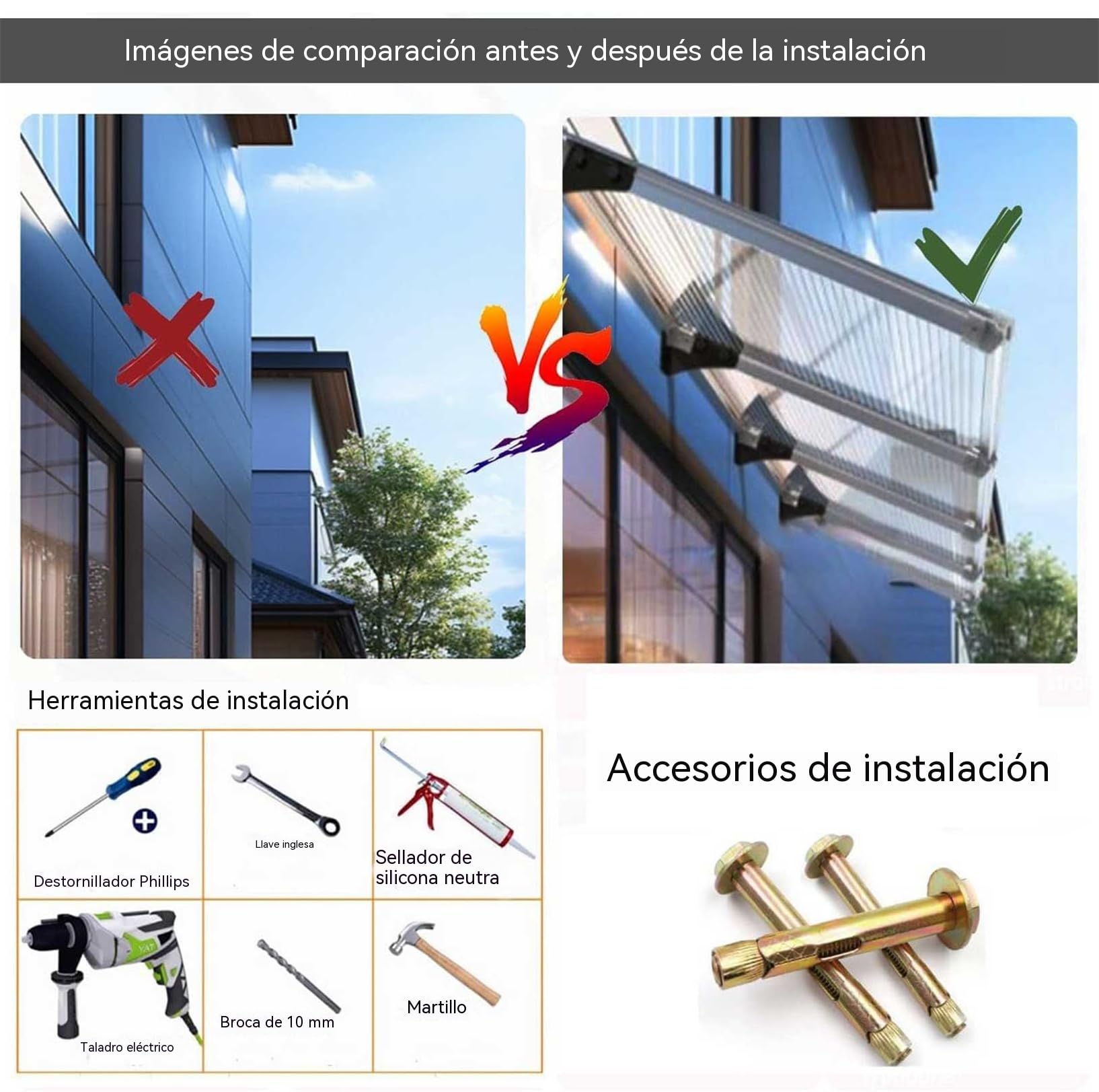 Marquesina Puerta Exterior Pequeña, Gguuwg Tejadillo de Protección contra Sol y Lluvia con Soporte de Aluminio, antitifón 12, Uso prolongado en Exteriores Protege contra el Sol Intenso