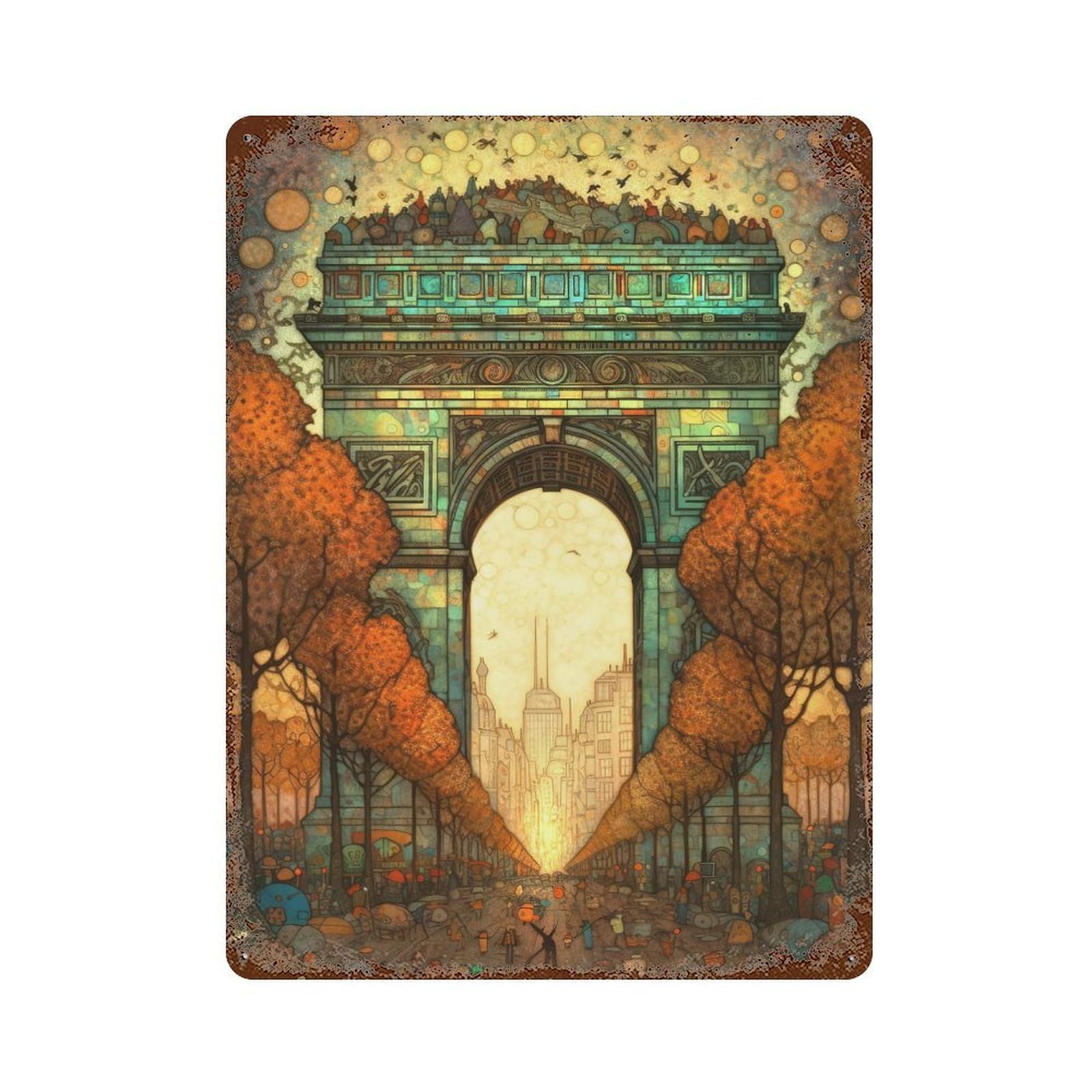 Arc De Triomphe Abstract 2 15.7"x11.8" Aged Metal Wall Plaque, Retro Wall Decor for Farmhouse, Kitchen And Entryway Decor