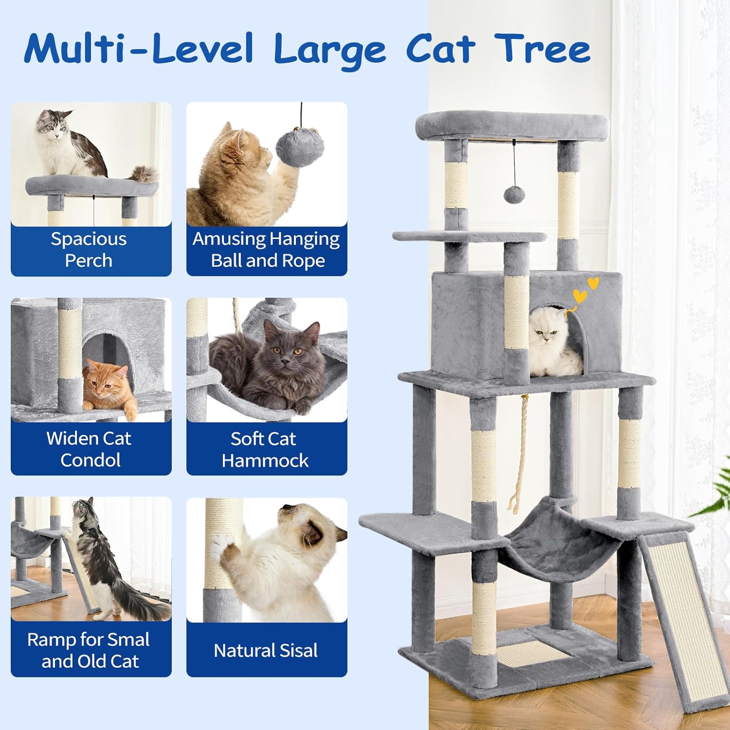 Cat Craft Cat Tree 63 Inch Cat Tower for Indoor Cats, Multi-Level Cat Tree for Large Cats 20 lbs+ Heavy Duty Cat Tower with Sisal Scratching Posts, Hammock, Condo and Extended Platform, Light Grey
