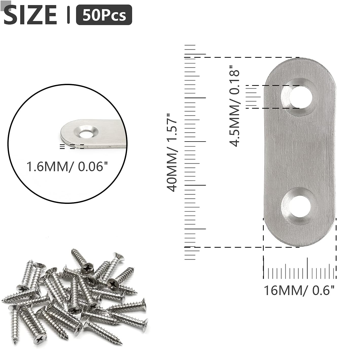 20Pcs Flat Straight Brace, Stainless Steel 40 x 16 mm Flat Straight Corner Bracket Metal Mending Plates for Wood Furniture Shelf Cupboard with Screw
