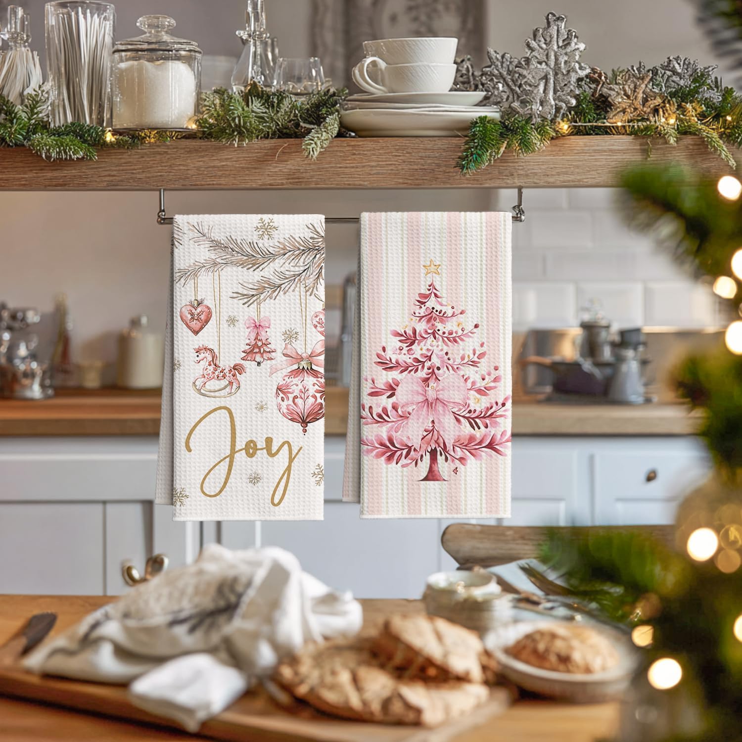Artoid Mode Pink Stripe Xmas Tree Ornament Christmas Bar Kitchen Towels, 12x24 Inch Quick Dry Microfiber Cloth Dish Towels for Drying Set of 4 - Image 2