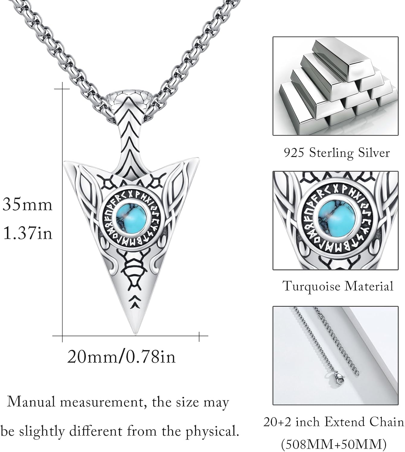Arrowhead Necklace Men 925 Sterling Silver Arrow Celtic Moonstone/Turquoise/Opal Viking Necklace Men's Pendant Runes Viking Necklace Celtic Jewelry for Men Son Teens Women - Image 4