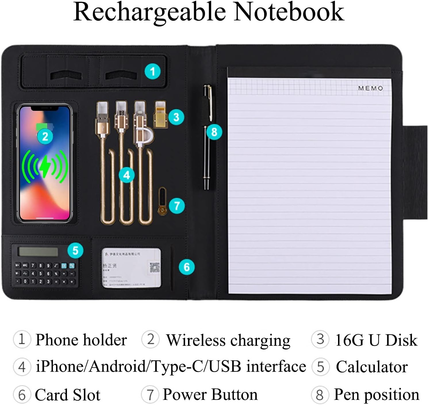 Multifunctional Business Portfolio Padfolio Folder PU Leather Document Case Zippered Briefcase with Calculator image 4