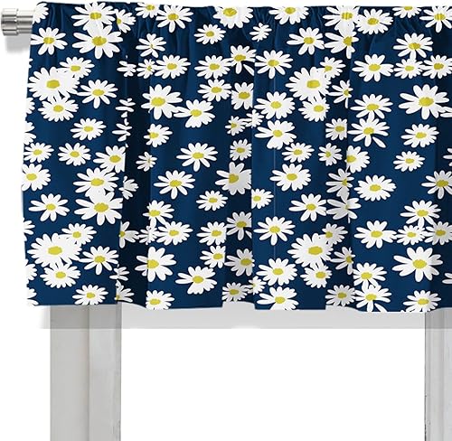 Miniatura 4 de Cenefa de cortina corta opaca clásica con bolsillo para cortinero de margaritas para decoración de cocina, dormitorio, 52 x 18 pulgadas, azul marino