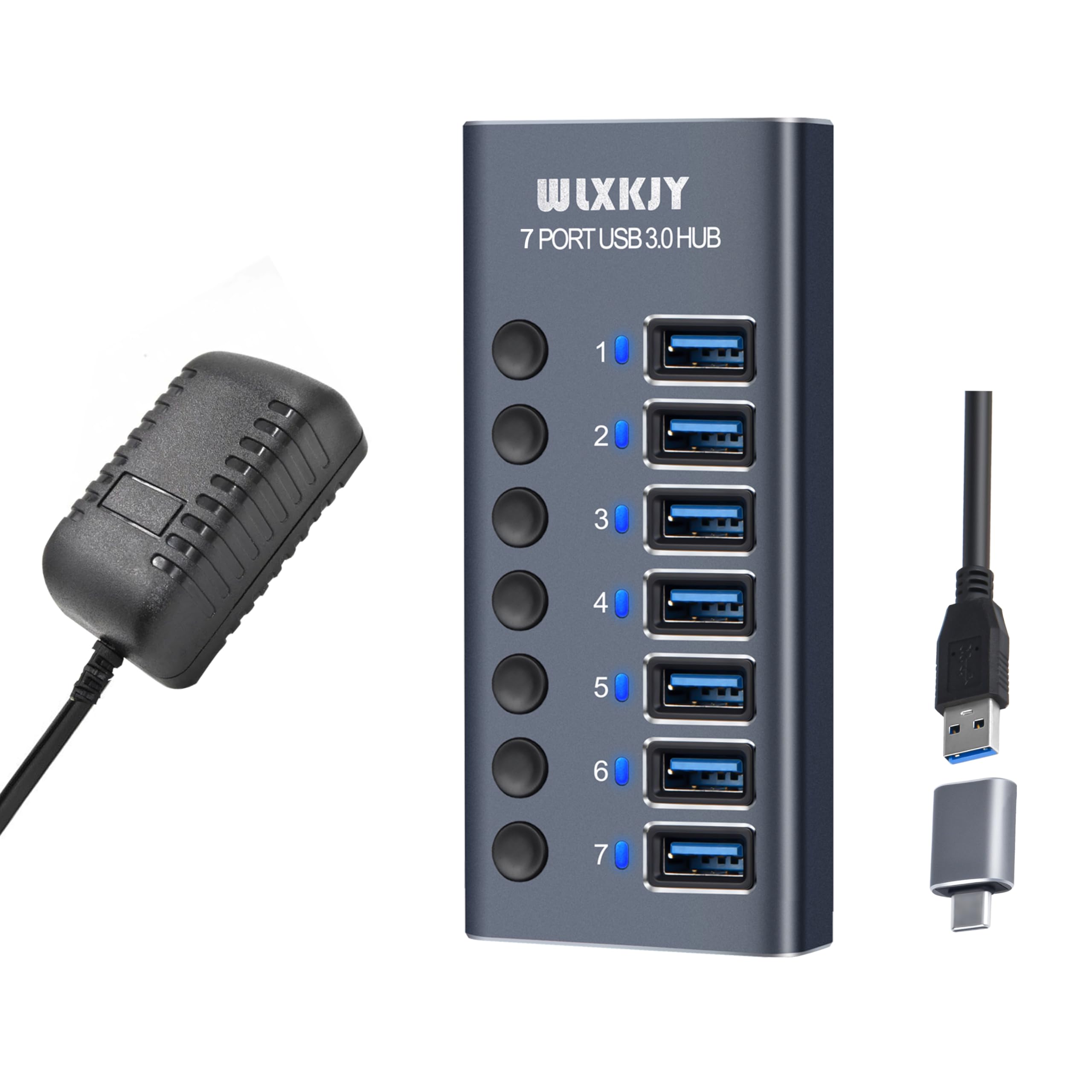 WLXKJY Hub USB 3.0 in alluminio, hub USB attivo - 7 porte USB 3.0 SuperSpeed, interruttori individuali e alimentatore da 36 W (12 V/3 A) per MacBook/MacBook Air/MacBook PRO