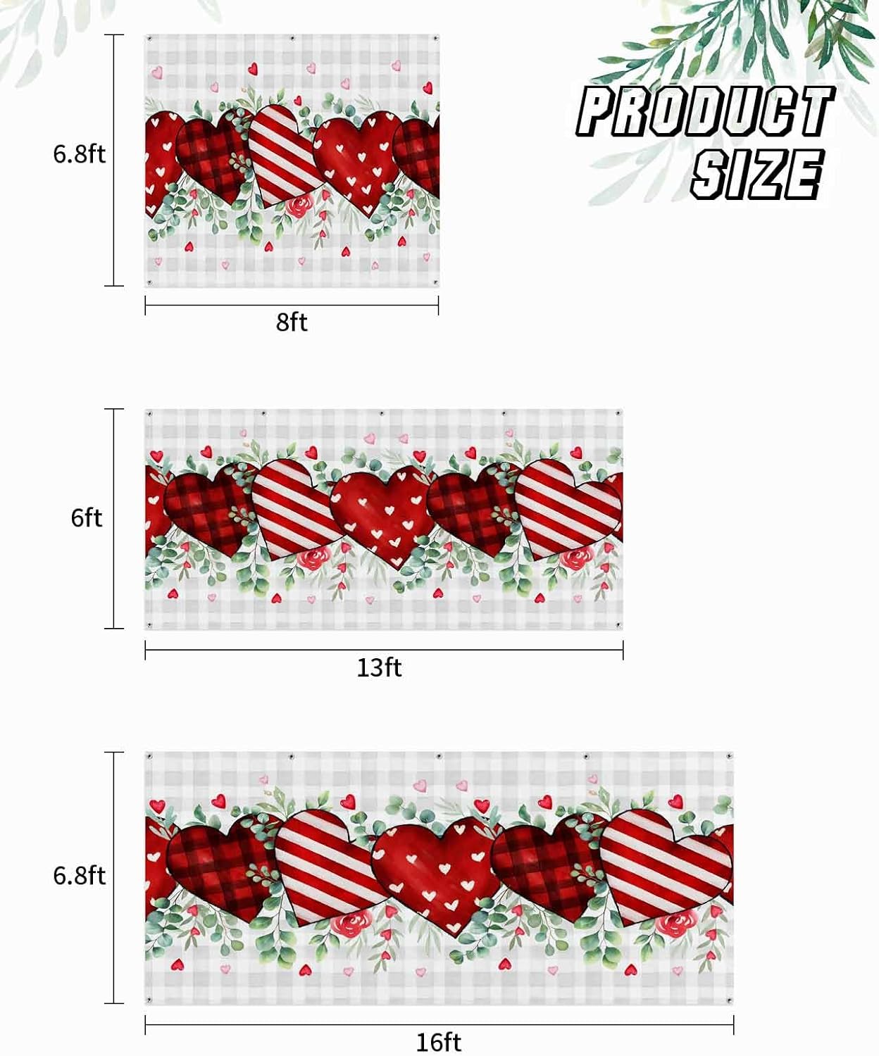 Valentine's Day Garage Door Banner Cover, Garage Door Decorations, Red Strip Plaid Love Eucalyptus Grey Check Holiday Garage Door Covers Backdrop for Party Indoor Outdoor Wall Decor 7x8Ft