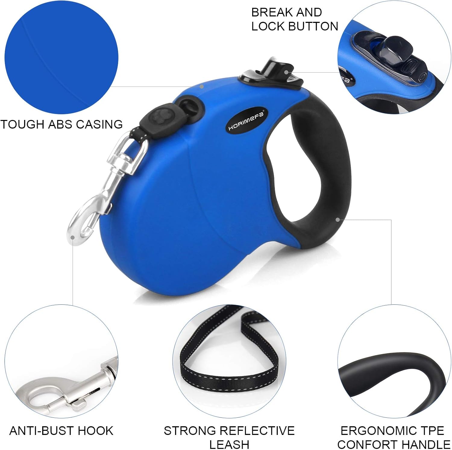 KORIMEFA Reflective Retractable Dog Leash 16.2ft Nylon Tape with Anti-Slip Handle;One Button Break & Lock No Tangle,for Small to Large Dogs or Cats up to115lbs,with Folding Bowl,Rubbish Bags (Blue) : Pet Supplies