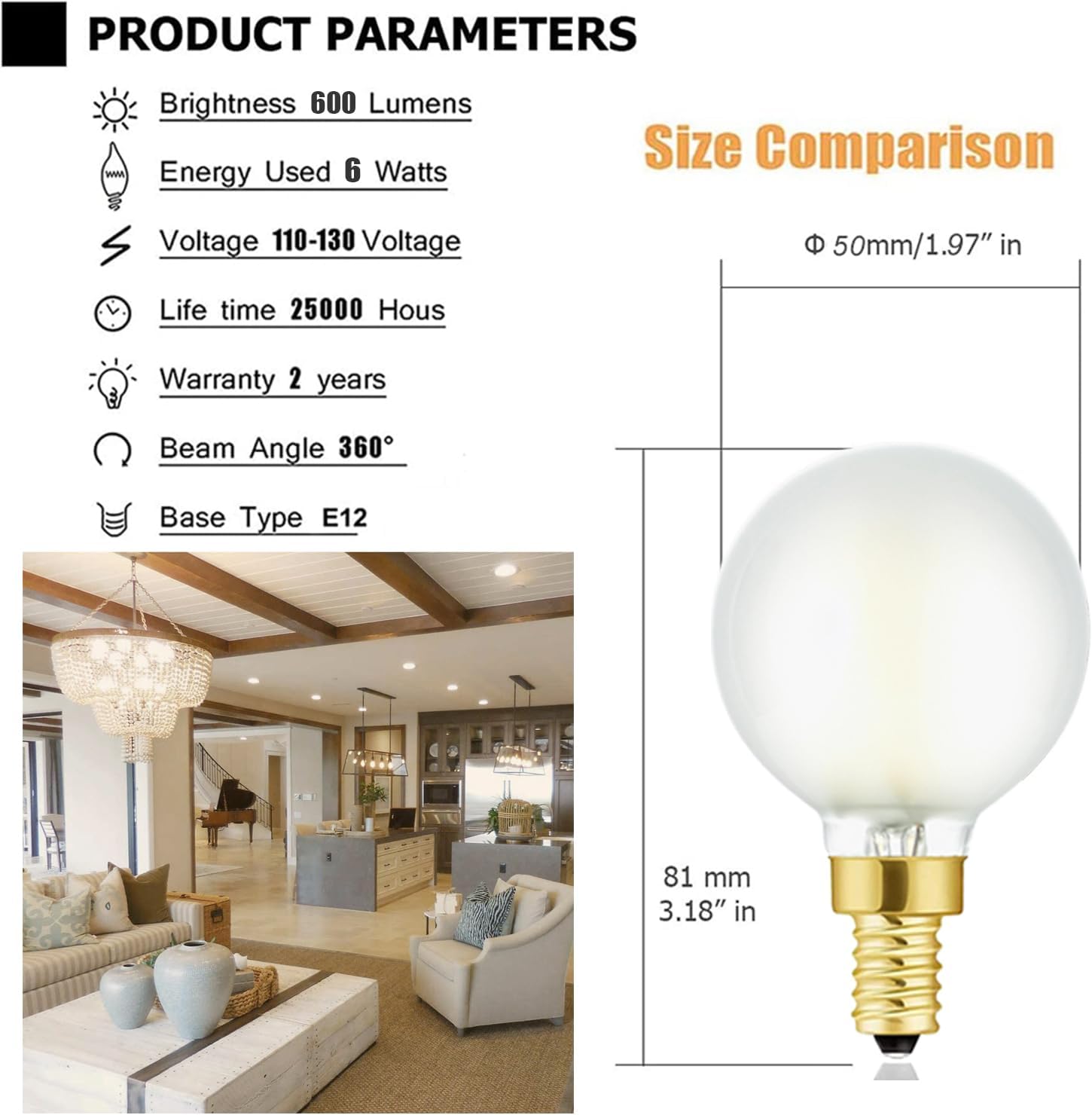 Leools Dimmable g16.5 led Frosted Bulb e12 g16 1/2 led Candelabra Bulb 60w led Edison Bulb 3000K Soft White 600lm ac120v 6w g50 led Globe Bulb for Chandelier,Vanity and Ceiling Fan Light Bulbs 6Pack