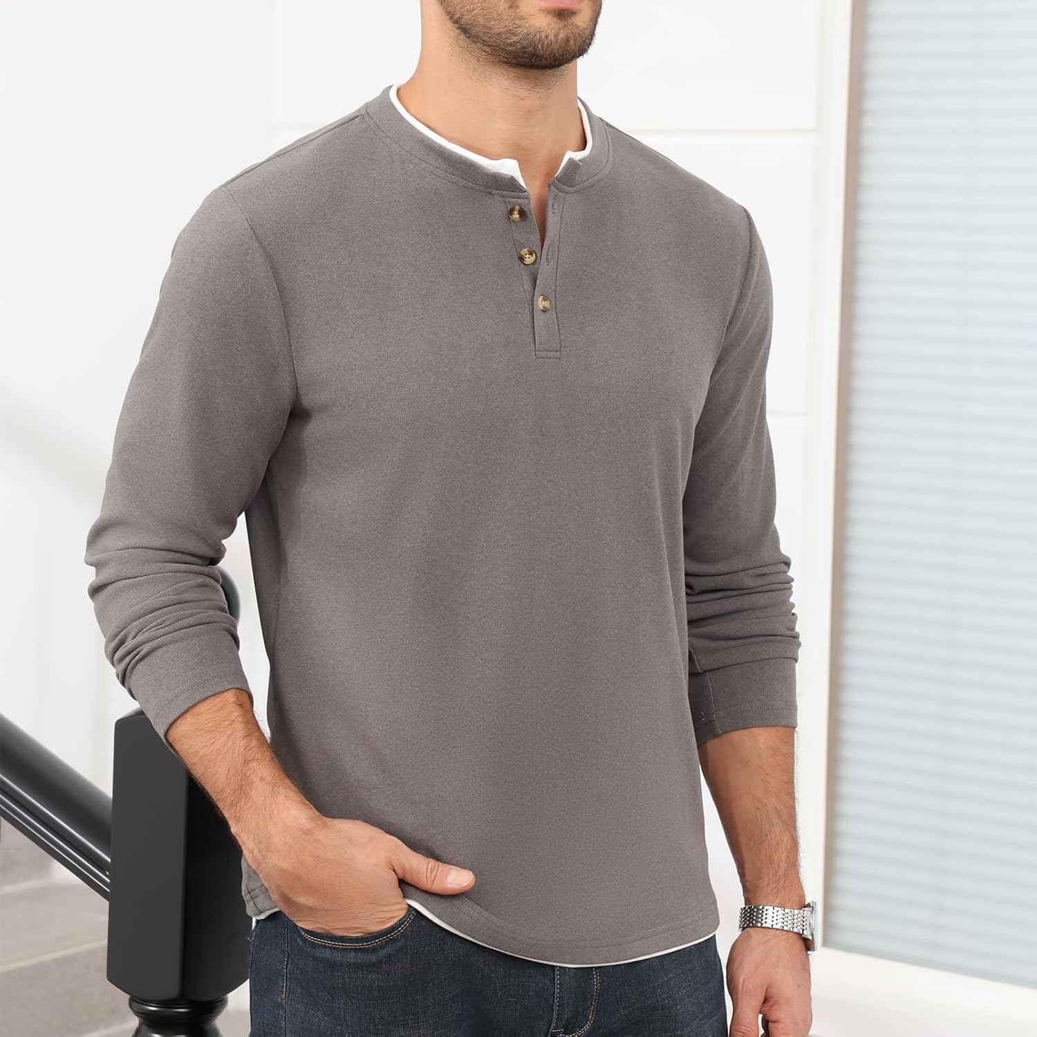 Uni Clau Men's Henley Shirts Classic Button T-Shirt Long Sleeve Casual Thermal Pullover Shirt - Image 4