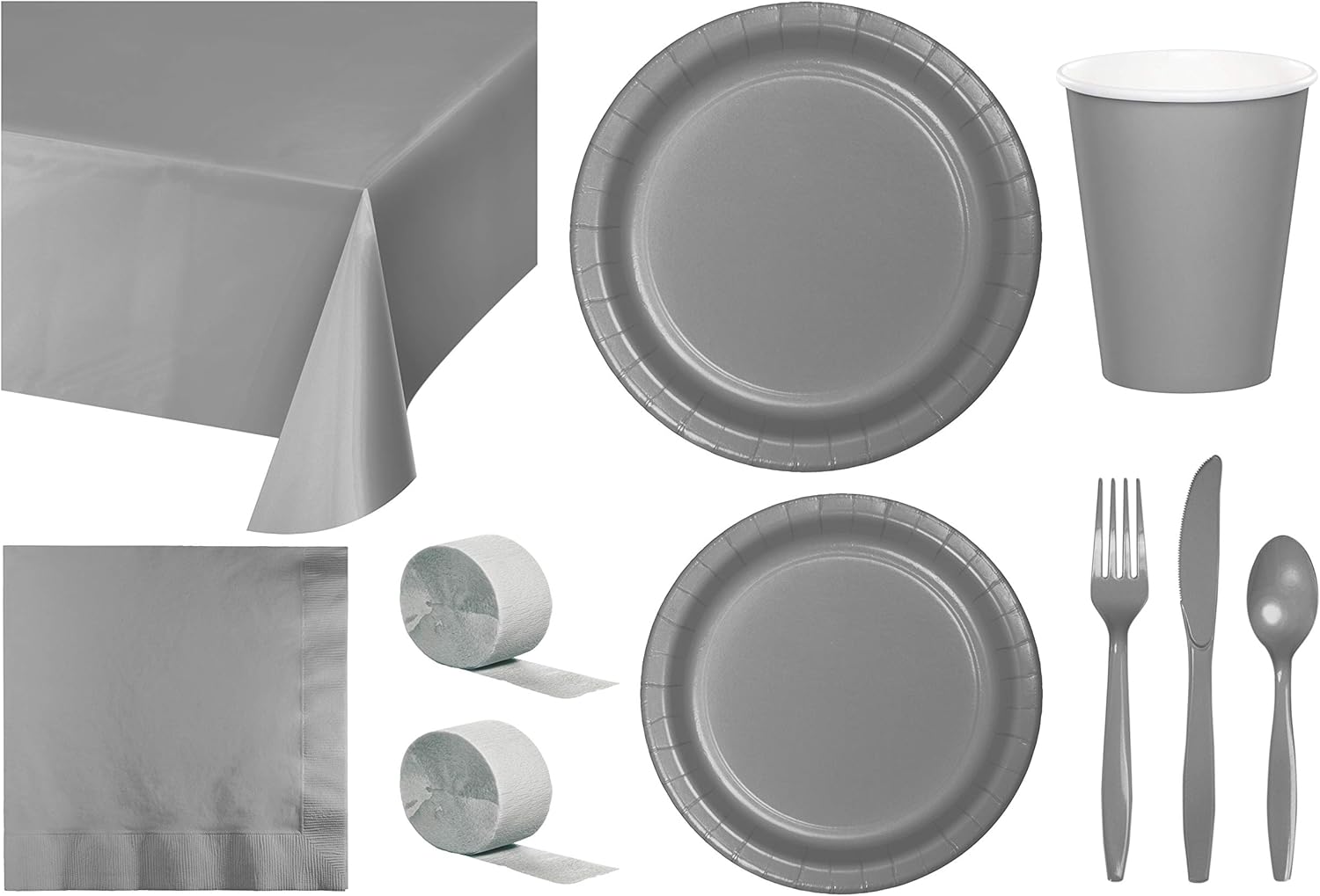 Baxters Party Bundle Bulk, Tableware for 24 People Silver Color, 2 Size Plates Napkins, Paper Cups Tablecovers and Cutlery, Box of 199