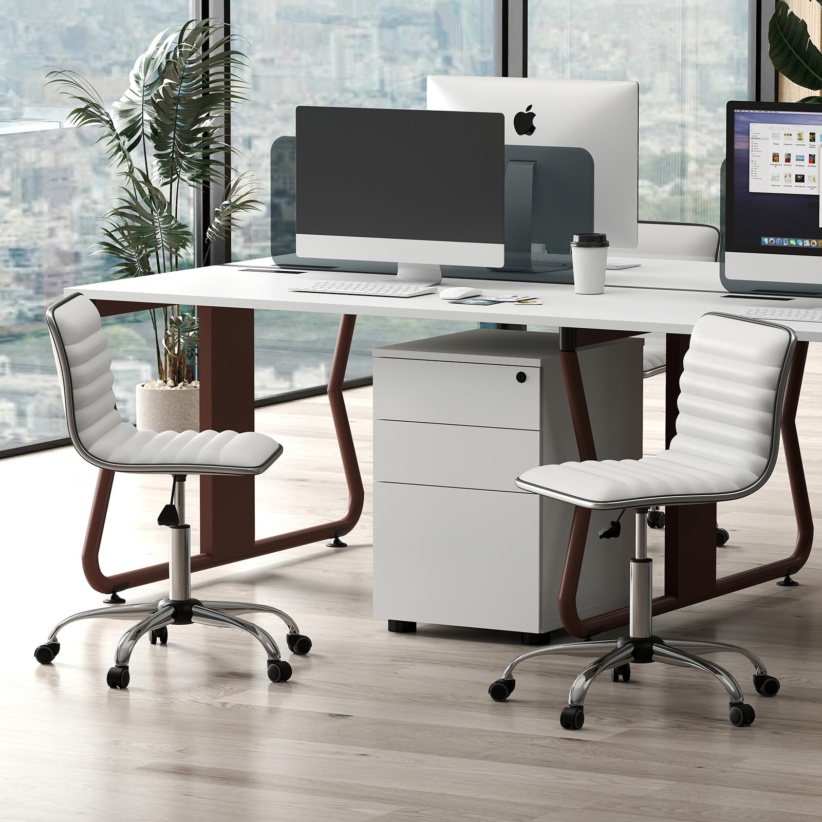 Giantex Silla de Oficina Giratoria 360° con 5 Ruedas, Asiento Tapizado con Altura Ajustable 49-63,5 cm, sin Reposabrazos, Silla de Ordenador para Estudio, Dormitorio y Sala de Reuniones (Blanco)