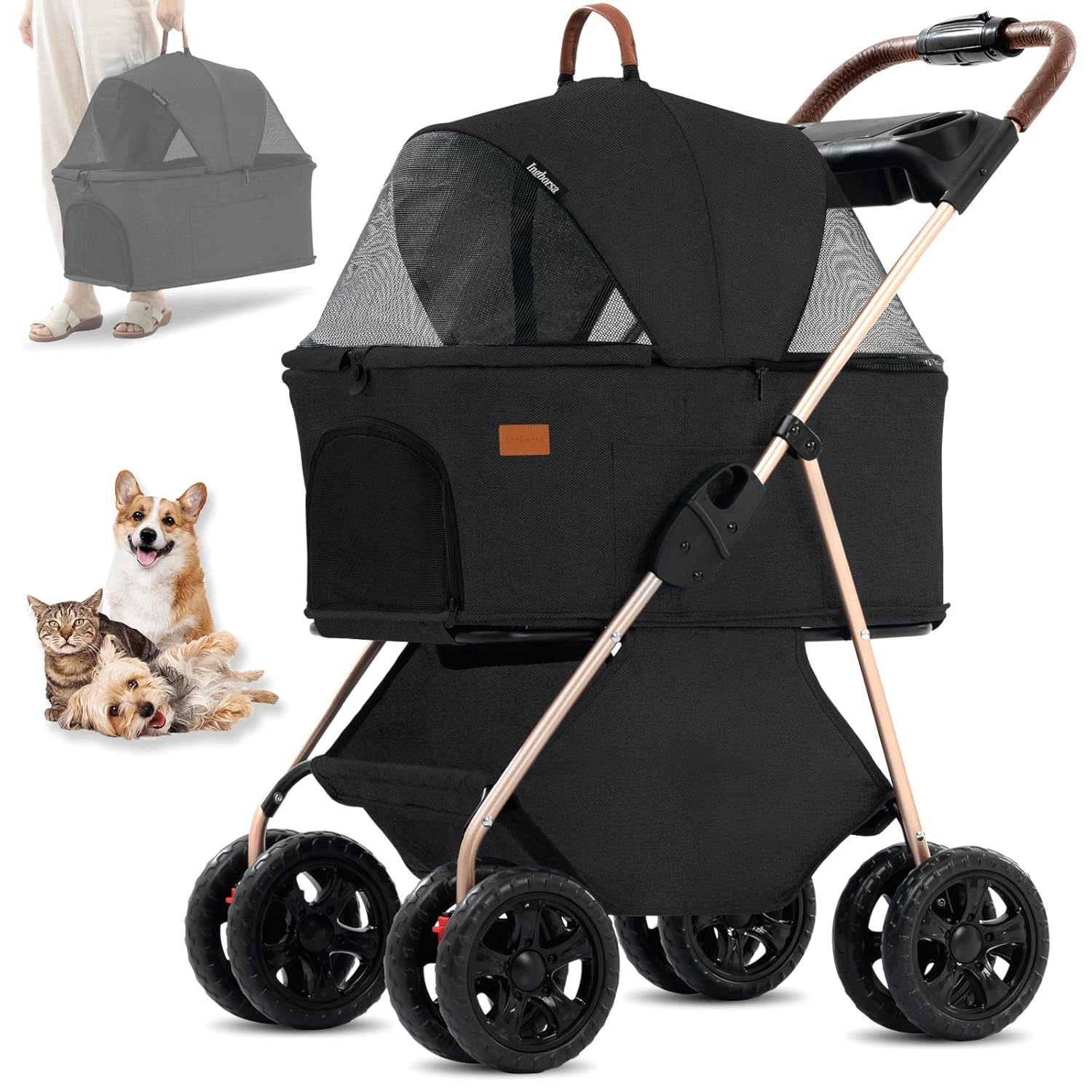 3 in 1 Multifunction Pet Travel System, 4 Wheel Foldable Stroller with Storage Basket for Small & Medium Dogs & Cats