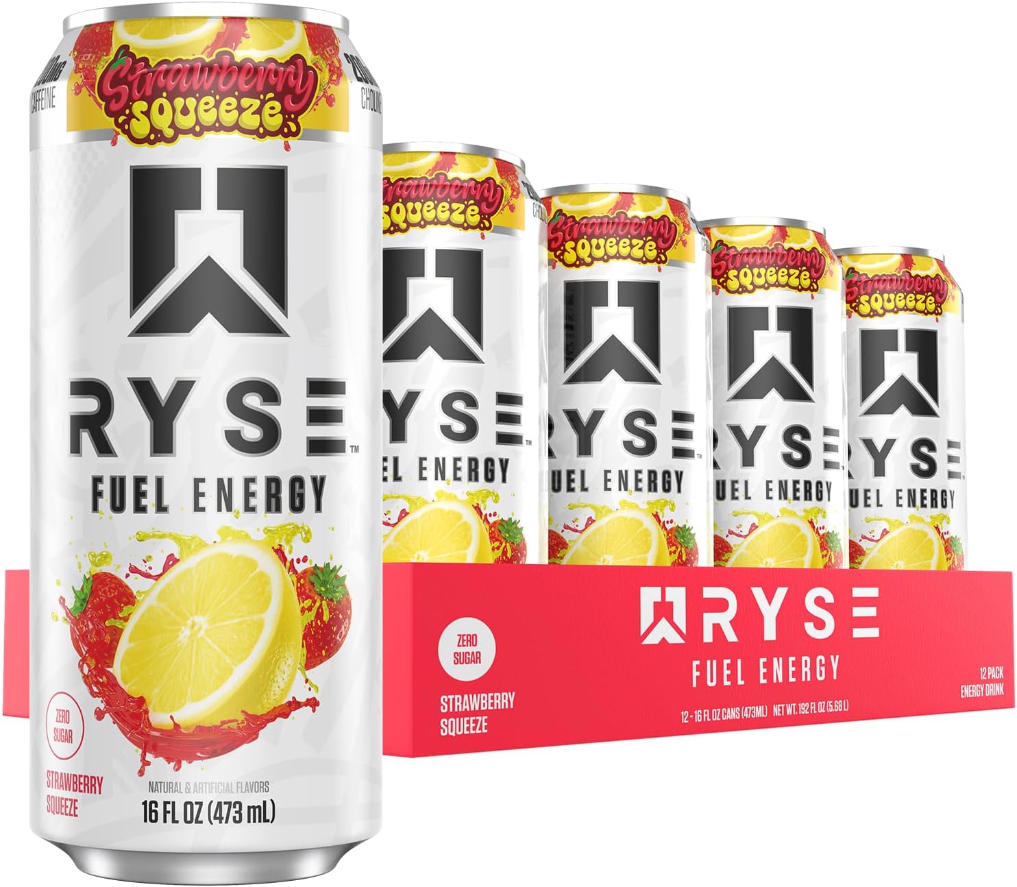 RYSE Fuel Energy Drink - Strawberry Squeeze - Sugar Free, Gluten Free & Vegan - 200mg Natural Caffeine, Taurine & Choline for Focus & Energy - No Artificial Colors - 16 fl oz Cans (12-Pack)